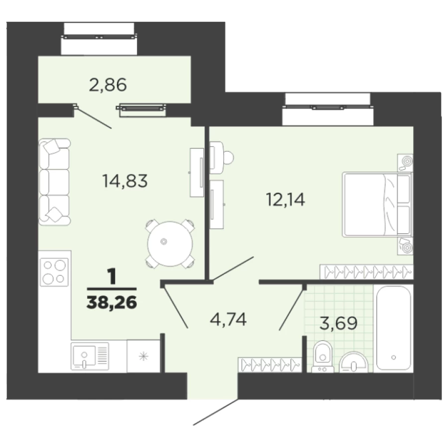 1-ая квартира 38.26 м2 на 10 м этаже